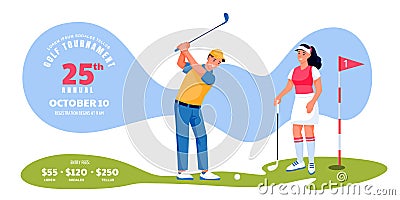 Golf tournament or competition banner flyer, ticket layout. Male and female playing golf, vector illustration Vector Illustration