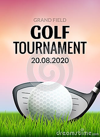 Golf tournament poster template flyer. Golf ball on green grass for competition. Sport club vector design Vector Illustration