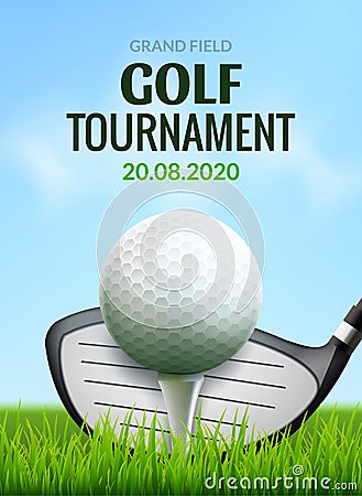 Golf tournament poster template flyer. Golf ball on green grass for competition. Sport club vector design Vector Illustration