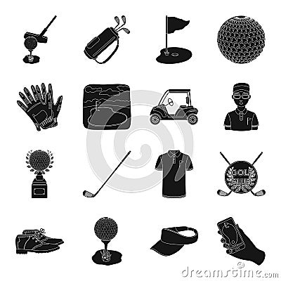 A golfer, a ball, a club and other golf attributes.Golf club set collection icons in black style vector symbol stock Vector Illustration