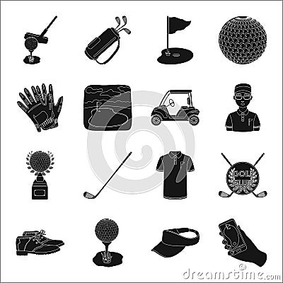 A golfer, a ball, a club and other golf attributes.Golf club set collection icons in black style vector symbol stock Vector Illustration