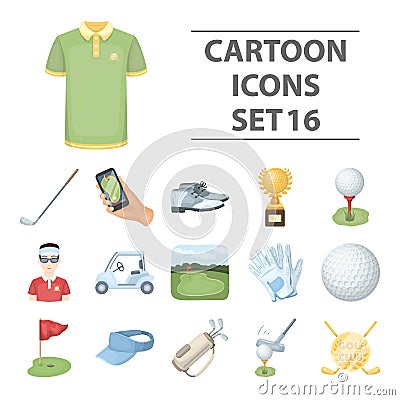 A golfer, a ball, a club and other golf attributes.Golf club set collection icons in cartoon style vector symbol stock Vector Illustration