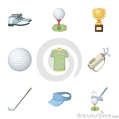 A golfer, a ball, a club and other golf attributes.Golf club set collection icons in cartoon style vector symbol stock Vector Illustration