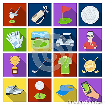 A golfer, a ball, a club and other golf attributes.Golf club set collection icons in flat1 style vector symbol stock Vector Illustration