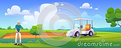 Golfer playing golf on green field hitting ball Vector Illustration