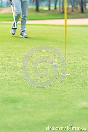 Golfer preparing for a putt Golf ball on the green during golfcourse Stock Photo