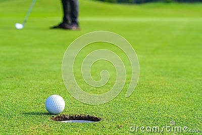 Golfer putt golf ball into hole on the green at golf course Stock Photo