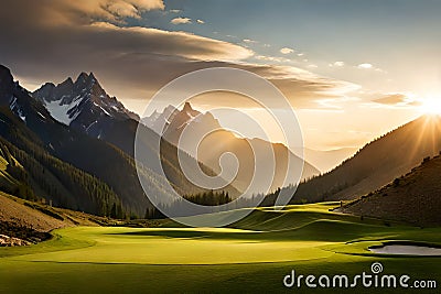 A golfer's iron club striking the ball from a fairway nestled in a mountain valley, with rugged peaks all around Stock Photo
