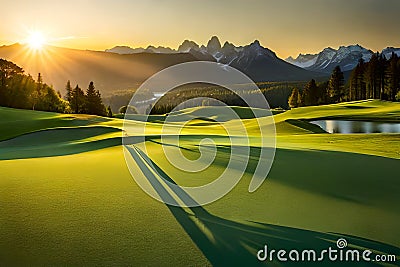 A golfer's putter resting on the green, casting a shadow over the precise line they are studying before a critical putt Stock Photo