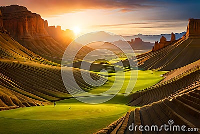 A golfer's view from a tee box overlooking a vast desert course, with a deep canyon running through the fairway Stock Photo