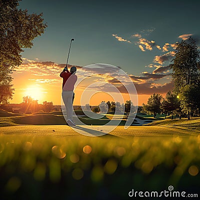 Golfer swings gracefully, bathed in sunset hues on lush golf course Stock Photo