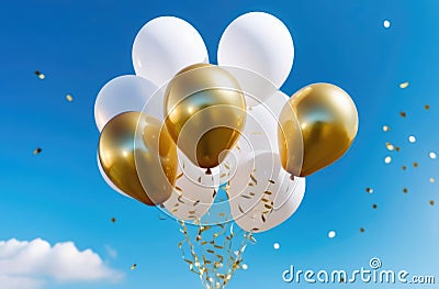 Golg and white helium balloons fly off into the blue sky. Declaration of love, Holidays, birthdays, surprise, party Stock Photo