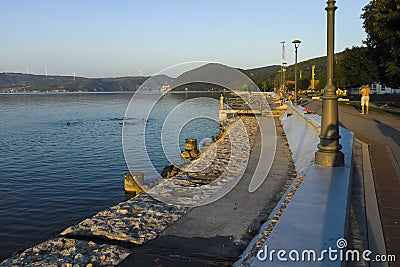 Sunset landscape of Danube River at town of Golubac, Serbia Editorial Stock Photo