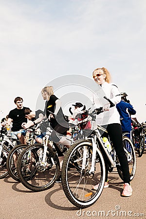 Young girls with bicycles. Gomel, Belarus Editorial Stock Photo