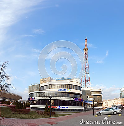 Gomel, Belarus - March 29, 2016 Business Center Alexandrov Plaza. Television tower. Sovetskaya Editorial Stock Photo