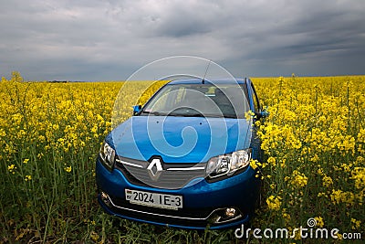 GOMEL, BELARUS - May 24, 2017: the blue car is parked on the rapeseed field. Editorial Stock Photo