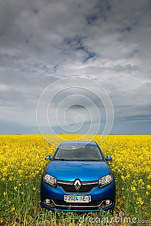 GOMEL, BELARUS - May 24, 2017: the blue car is parked on the rapeseed field. Editorial Stock Photo