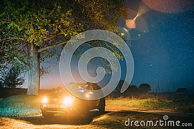 Milky Way Galaxy In Night Starry Sky Above Tree In Summer Forest. Glowing Stars Above Landscape. View From Europe Editorial Stock Photo