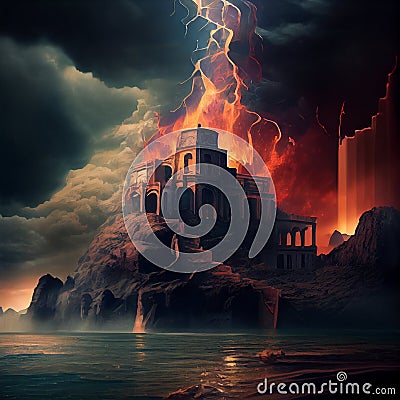 Gomorrah and Sodom destroyed by god, rain of sulfur and fire, story of the bible, generative AI Stock Photo
