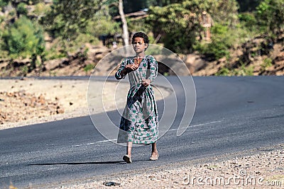Gondar, Ethiopia - Feb 06, 2020: Ethiopian child on the roads near Gondar Editorial Stock Photo