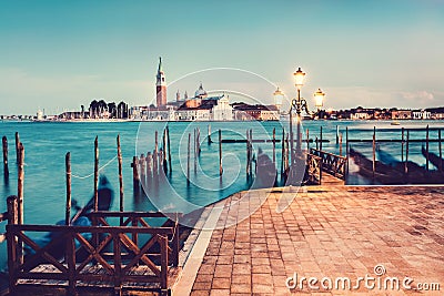 Gondola jetty in Venice, Italy at night. Stock Photo