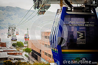 Gondola Ropeway city landscape. Medellin Colombia cable car Editorial Stock Photo