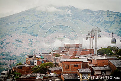Gondola Ropeway city landscape. Medellin Colombia, fabela cable Editorial Stock Photo