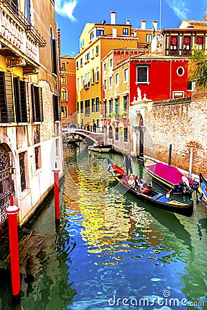 Gondola Touirists Colorful Small Side Canal Bridge Venice Italy Editorial Stock Photo