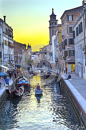 Gondola Touirists Colorful Small Side Canal Bridge Venice Italy Editorial Stock Photo