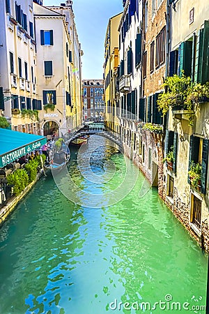 Gondola Touirists Restaurant Colorful Small Side Canal Bridge Venice Italy Editorial Stock Photo