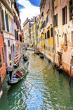 Gondola Tourists Colorful Small Side Canal Bridge Venice Italy Editorial Stock Photo