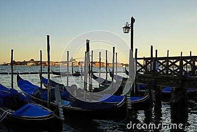 Gondolas moored at Gondole Stazio Danieliin for the night Editorial Stock Photo