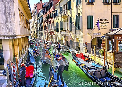 Gondolas Tourists Colorful Small Side Canal Bridge Venice Italy Editorial Stock Photo