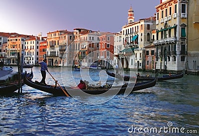 Gondolas on the Venice at dusk Editorial Stock Photo