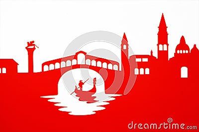Gondolier passing under the Rialto Bridge, Venice Cartoon Illustration