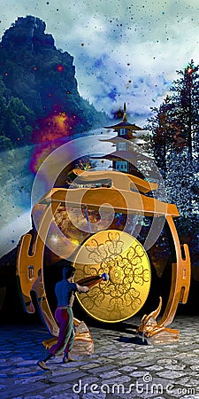 Gong and starry landscape Stock Photo