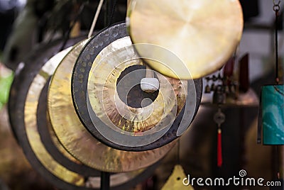 Gongs in various sizes Stock Photo