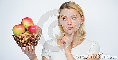 Good apple pies considerable part of domestic happiness. Woman hold apples. Baking apple pie. Delicious recipes. Come up Stock Photo