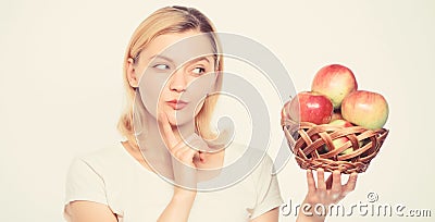 Good apple pies considerable part of domestic happiness. Woman hold apples. Baking apple pie. Delicious recipes. Come up Stock Photo