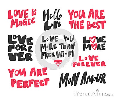 Love, magic, forever, perfect, amour, wi fi, more, heart, hello, best. Vector hand drawn illustration collection set Vector Illustration