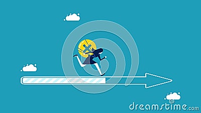 Good attitude to progress. businesswoman who thinks positively runs on the arrow progress bar. Vector Illustration