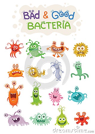 Good Bacteria and Bad Bacteria Cartoon Characters Vector Illustration