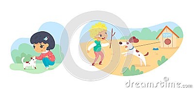 Good and bad behavior, game of little kids with pets, girl stroking cat, boy teasing dog Vector Illustration