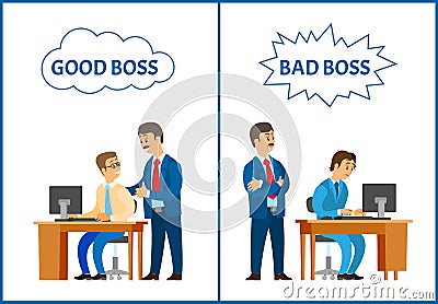 Good and Bad Boss, Comparing Attitude to Employee Vector Illustration