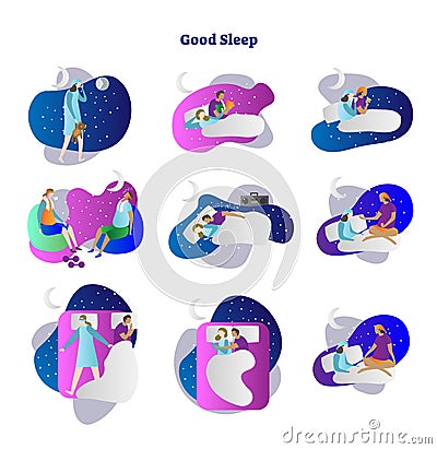 Good or bad sleep vector illustration collection set. Examples of moonlighting, read, exercise, music and yoga. Insomnia reasons. Vector Illustration