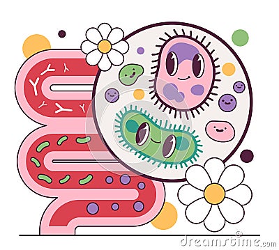 Good balance of intestinal flora. Microorganisms maintenaning intestinal Vector Illustration