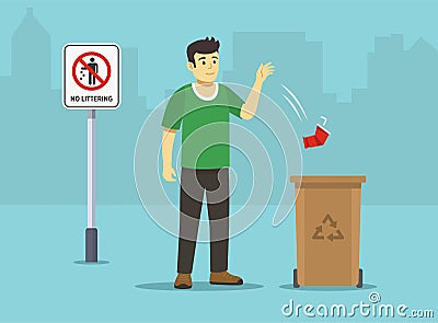 Good behavior. Isolated young male character throwing a used plastic cup into recycling bin. Vector Illustration