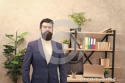Good boss is good leader. Man bearded hipster boss looking at you with attention. Boss standing in office. Boss receive Stock Photo