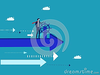 Good business direction. Businessman driving a flying arrow. Vector Illustration