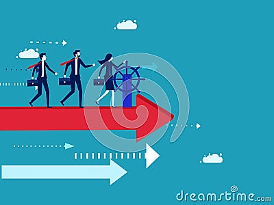 Good business direction. Businesswoman driving a flying arrow. Vector Illustration